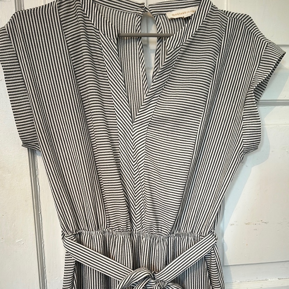 L—Monteau Grey and White Striped jumpsuit